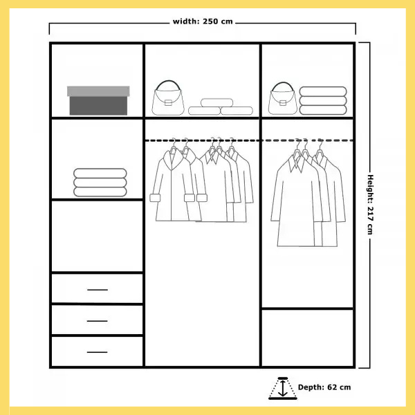 Royal Sliding Wardrobe Width: 250 cm, Height: 217cm, Depth: 62cm