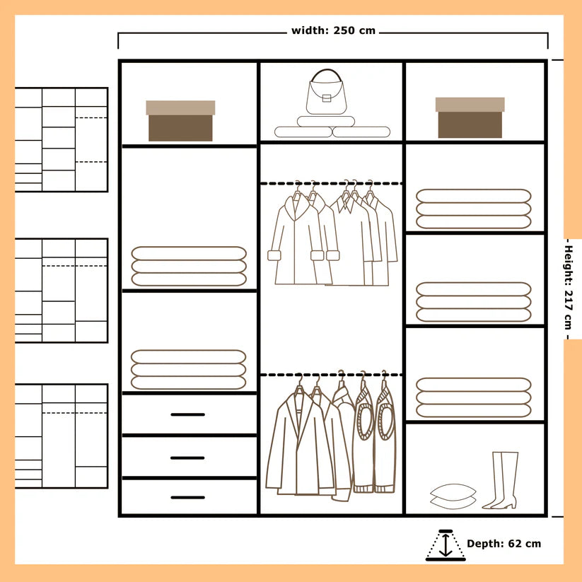 Vision Sliding Wardrobe with Mirror Black, White, Grey 250cm