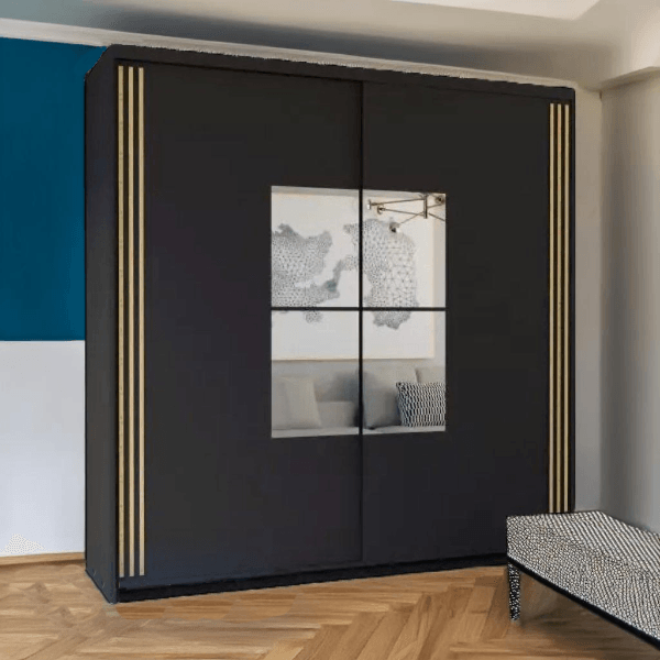 Jamajka Sliding Wardrobe - Black, White & Oak 150cm/203 cm