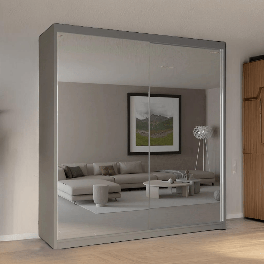 Queen Sliding Mirror Wardrobe - White, Grey, Black 150/200cm