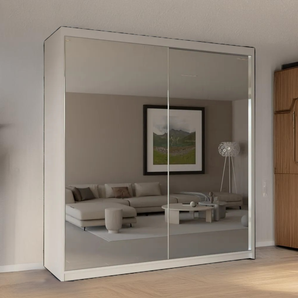 Queen Sliding Mirror Wardrobe - White, Grey, Black 150/200cm