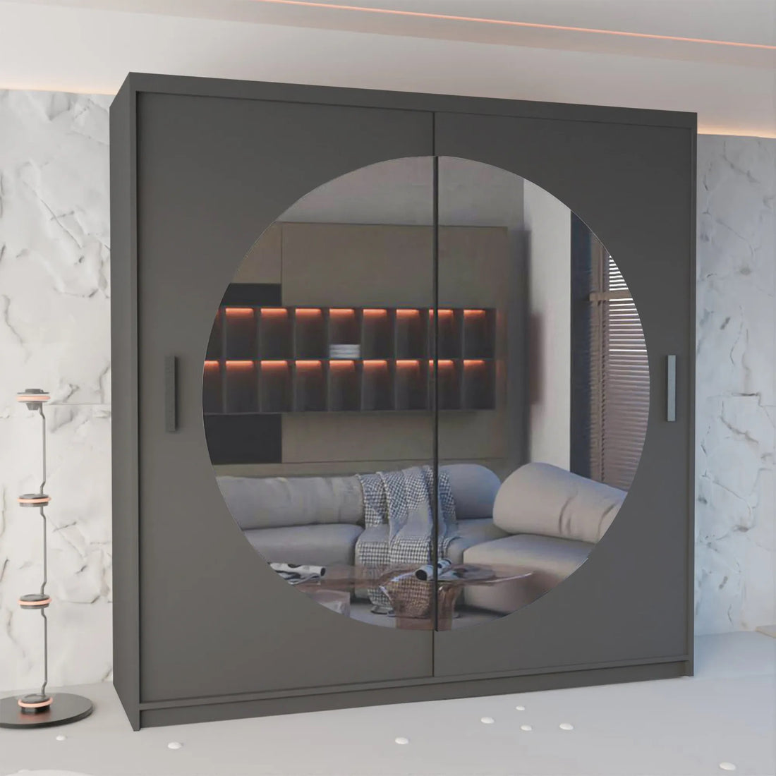 Moon Sliding Mirror Wardrobe - White, Grey, Black 150cm/203cm