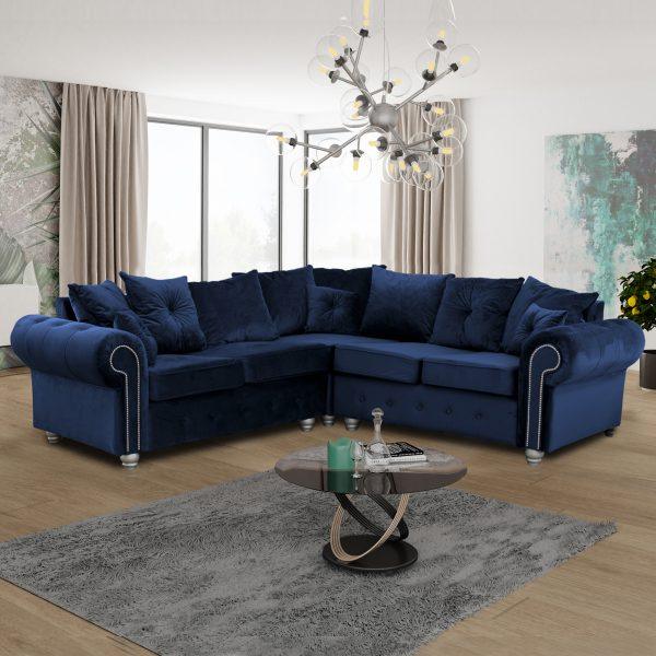Ashwin Blue Plush Velvet Corner Sofa