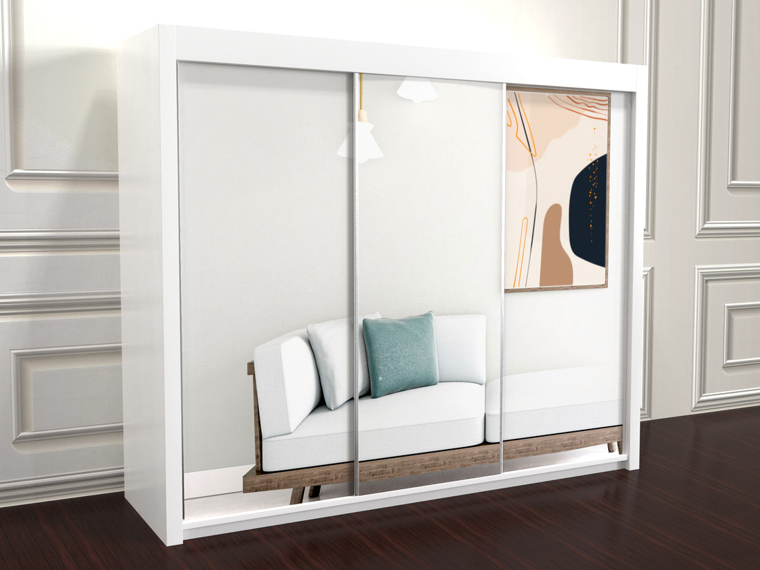 Modern Chicago Sliding Mirror Wardrobe 2 and 3 Doors Option, Full-Length Mirrors, With Hanging Space & Shelves